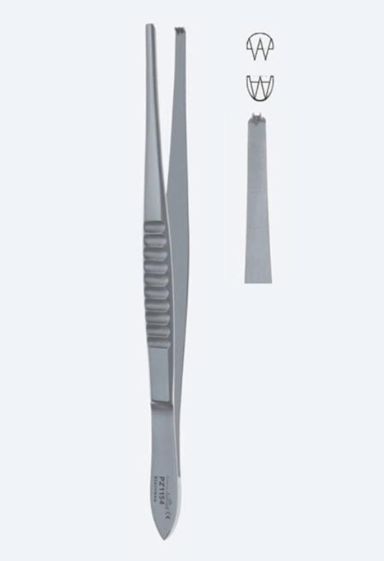 Пінцети, хірургічні, для тканин, делікатні, прямі, кінчик 1,15 мм, зубці 1 х 2, загальна довжина 115 мм, 4 1/2". Бренд - Asanus Medizintechnik Gmb, Німеччина